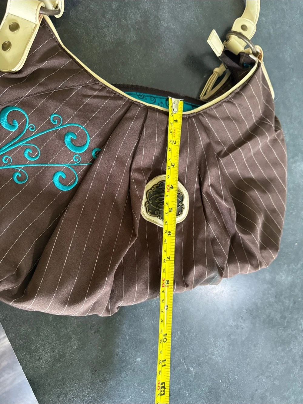 Brown Pinstripe Shoulder Bag with Teal Embroidery hobo bag by Ogio